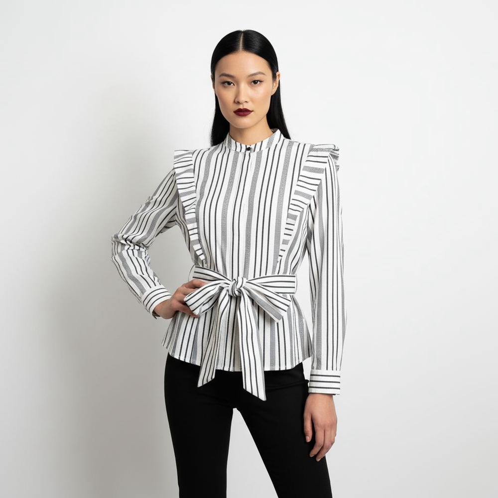 Topshop Stripe Belted Shirt in Monochrome Cotton Blouse - 2